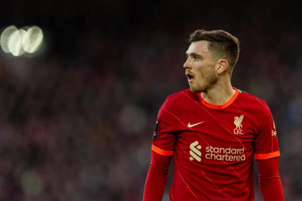 LIVERPOOL, ENGLAND - Sunday, January 9, 2022: Liverpool's Andy Robertson during the FA Cup 3rd Round match between Liverpool FC and Shrewsbury Town FC at Anfield. Liverpool won 4-1. (Pic by David Rawcliffe/Propaganda)