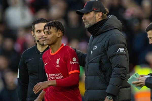 LIVERPOOL, ENGLAND - Sunday, January 9, 2022: Liverpool's Manager Jurgen Klopp prepares to bring on substitute Fabian Mrozek during the FA Cup 3rd Round match between Liverpool FC and Shrewsbury Town FC at Anfield. Liverpool won 4-1. (Pic by David Rawcliffe/Propaganda)