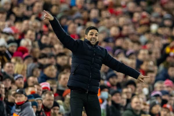 LIVERPOOL, ENGLAND - Thursday, January 13, 2022: Arsenal's manager Mikel Arteta during the Football League Cup Semi-Final 1st Leg match between Liverpool FC and Arsenal FC at Anfield. The game ended 0-0. (Pic by David Rawcliffe/Propaganda)