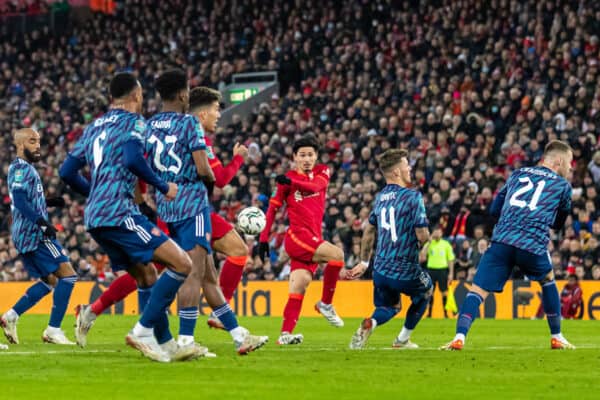 LIVERPOOL, ENGLAND - Thursday, January 13, 2022: Liverpool's Takumi Minamino sees his shot blocked during the Football League Cup Semi-Final 1st Leg match between Liverpool FC and Arsenal FC at Anfield. The game ended 0-0. (Pic by David Rawcliffe/Propaganda)