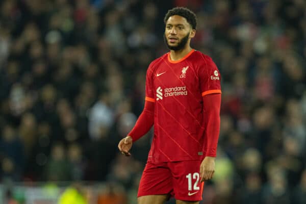 LIVERPOOL, ENGLAND - Thursday, January 13, 2022: Liverpool's Joe Gomez during the Football League Cup Semi-Final 1st Leg match between Liverpool FC and Arsenal FC at Anfield. The game ended 0-0. (Pic by David Rawcliffe/Propaganda)