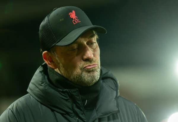 LIVERPOOL, ENGLAND - Thursday, January 13, 2022: Liverpool's manager Jürgen Klopp is interviewed by LFC.TV after the Football League Cup Semi-Final 1st Leg match between Liverpool FC and Arsenal FC at Anfield. The game ended 0-0. (Pic by David Rawcliffe/Propaganda)