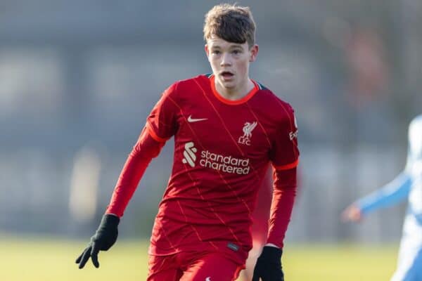 KIRKBY, ENGLAND - Saturday, January 15, 2022: Liverpool's James McConnell during the Under-18 Premier League match between Liverpool FC Under-18's and Manchester City FC Under-18's at the Liverpool Academy. (Pic by David Rawcliffe/Propaganda)