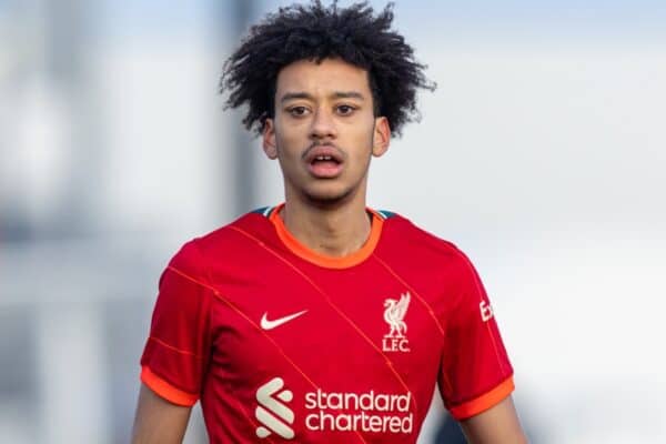 KIRKBY, ENGLAND - Saturday, January 15, 2022: Liverpool's Callum Scanlon during the Under-18 Premier League match between Liverpool FC Under-18's and Manchester City FC Under-18's at the Liverpool Academy. (Pic by David Rawcliffe/Propaganda)