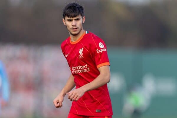 KIRKBY, ENGLAND - Saturday, January 15, 2022: Liverpool's Oakley Cannonier during the Under-18 Premier League match between Liverpool FC Under-18's and Manchester City FC Under-18's at the Liverpool Academy. (Pic by David Rawcliffe/Propaganda)