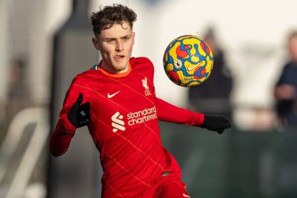 KIRKBY, ENGLAND - Saturday, January 15, 2022: Liverpool's Bobby Clark during the Under-18 Premier League match between Liverpool FC Under-18's and Manchester City FC Under-18's at the Liverpool Academy. (Pic by David Rawcliffe/Propaganda)