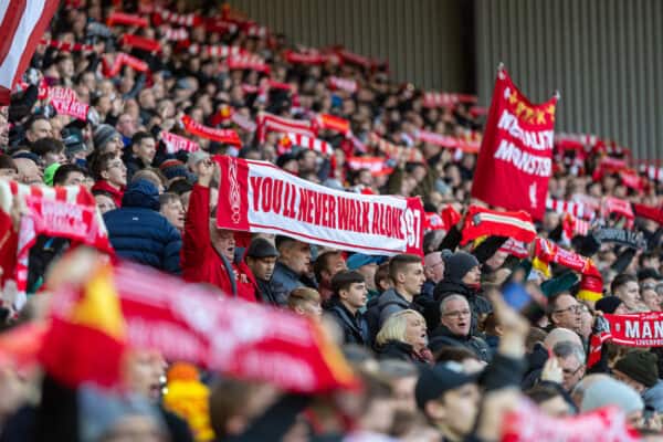  Liverpool supporters sing "You'll Never Walk Alone" before the FA Premier League match between Liverpool FC and Brentford FC at Anfield. Liverpool won 3-0. (Pic by David Rawcliffe/Propaganda)