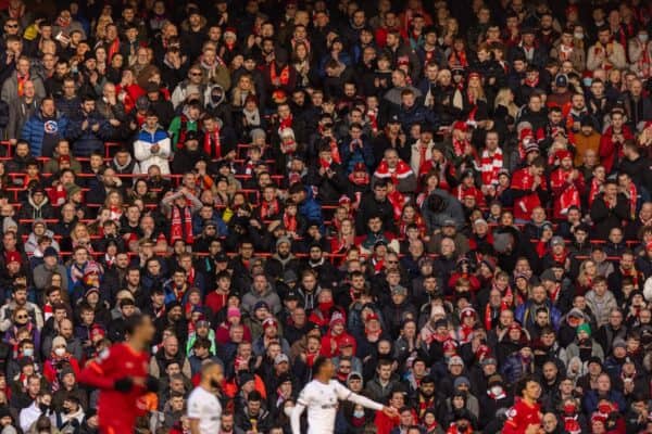 LIVERPOOL, ENGLAND - Sunday, January 16, 2022: Liverpool supporters in rail seats during the FA Premier League match between Liverpool FC and Brentford FC at Anfield. Liverpool won 3-0. (Pic by David Rawcliffe/Propaganda)