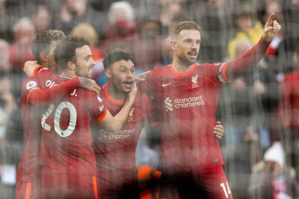 LIVERPOOL, ENGLAND - Sunday, January 16, 2022: Liverpool's Alex Oxlade-Chamberlain celebrates after scoring the second goal during the FA Premier League match between Liverpool FC and Brentford FC at Anfield. Liverpool won 3-0. (Pic by David Rawcliffe/Propaganda)