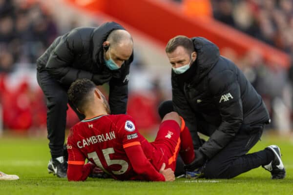 LIVERPOOL, ENGLAND - Sunday, January 16, 2022: Liverpool's Alex Oxlade-Chamberlain receives treatment for an injury during the FA Premier League match between Liverpool FC and Brentford FC at Anfield. Liverpool won 3-0. (Pic by David Rawcliffe/Propaganda)