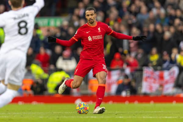 LIVERPOOL, ENGLAND - Sunday, January 16, 2022: Liverpool's Joel Matip during the FA Premier League match between Liverpool FC and Brentford FC at Anfield. Liverpool won 3-0. (Pic by David Rawcliffe/Propaganda)