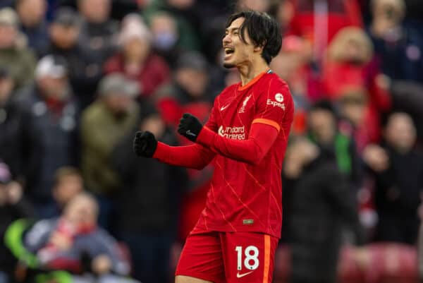 LIVERPOOL, ENGLAND - Sunday, January 16, 2022: Liverpool's Takumi Minamino celebrates after scoring the third goal during the FA Premier League match between Liverpool FC and Brentford FC at Anfield. Liverpool won 3-0. (Pic by David Rawcliffe/Propaganda)