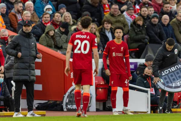 LIVERPOOL, ENGLAND - Sunday, January 16, 2022: Liverpool's substitute Kaide Gordon comes on to make his League debut during the FA Premier League match between Liverpool FC and Brentford FC at Anfield. Liverpool won 3-0. (Pic by David Rawcliffe/Propaganda)