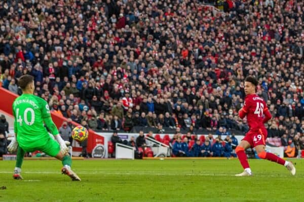 LIVERPOOL, ENGLAND - Sunday, January 16, 2022: Liverpool's Kaide Gordon sees his shot blocked by Brentford's goalkeeper Álvaro Fernández during the FA Premier League match between Liverpool FC and Brentford FC at Anfield. Liverpool won 3-0. (Pic by David Rawcliffe/Propaganda)