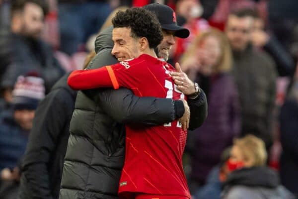 LIVERPOOL, ENGLAND - Sunday, January 16, 2022: Liverpool's manager Jürgen Klopp embraces Curtis Jones after the FA Premier League match between Liverpool FC and Brentford FC at Anfield. Liverpool won 3-0. (Pic by David Rawcliffe/Propaganda)