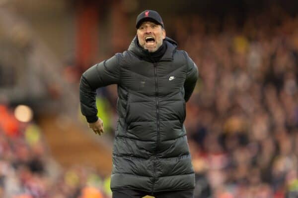 LIVERPOOL, ENGLAND - Sunday, January 16, 2022: Liverpool's manager Jurgen Klopp celebrates after the FA Premier League match between Liverpool FC and Brentford FC at Anfield. Liverpool won 3-0. (Pic by David Rawcliffe/Propaganda)