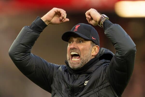 LIVERPOOL, ENGLAND - Sunday, January 16, 2022: Liverpool's manager Jurgen Klopp celebrates after the FA Premier League match between Liverpool FC and Brentford FC at Anfield. Liverpool won 3-0. (Pic by David Rawcliffe/Propaganda)