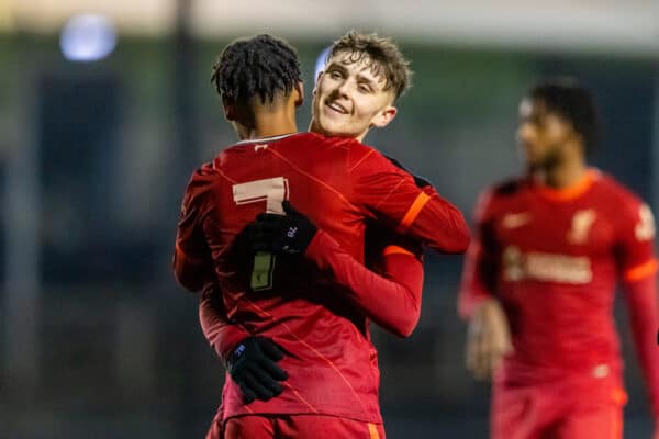 KIRKBY, ENGLAND - Tuesday, January 18, 2022: Liverpool's Melkamu Fraeundorf (L #7) celebrates with team-mate Bobby Clark after setting-up the third goal during the FA Youth Cup 4th Round match between Liverpool FC Under-18's and Burnley FC Under-18's at the Liverpool Academy. Liverpool won 4-1. (Pic by David Rawcliffe/Propaganda)