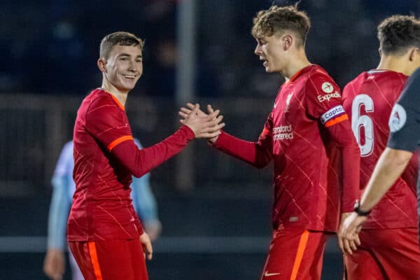 KIRKBY, ENGLAND - Tuesday, January 18, 2022: Liverpool's Mateus Musialowski (L) celebrates after scoring the fourth goal during the FA Youth Cup 4th Round match between Liverpool FC Under-18's and Burnley FC Under-18's at the Liverpool Academy. Liverpool won 4-1. (Pic by David Rawcliffe/Propaganda)