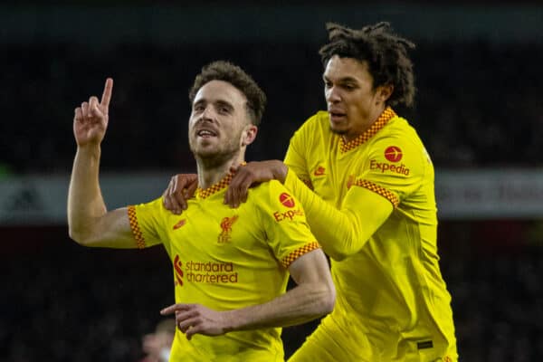 LONDON, ENGLAND - Thursday, January 20, 2022: Liverpool's Diogo Jota (L) celebrates with team-mate Trent Alexander-Arnold (R) after scoring the first goal during the Football League Cup Semi-Final 2nd Leg match between Arsenal FC and Liverpool FC at the Emirates Stadium. Liverpool won 2-0, 2-0 on aggregate. (Pic by David Rawcliffe/Propaganda)