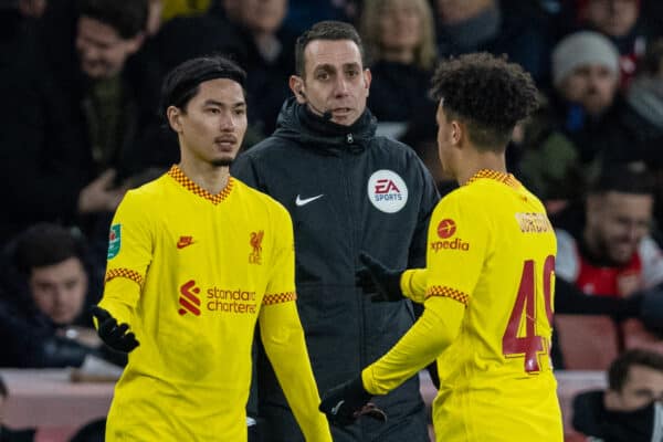 LONDON, ENGLAND - Thursday, January 20, 2022: Liverpool's Kaide Gordon is replaced by substitute Takumi Minamino during the Football League Cup Semi-Final 2nd Leg match between Arsenal FC and Liverpool FC at the Emirates Stadium. Liverpool won 2-0, 2-0 on aggregate. (Pic by David Rawcliffe/Propaganda)