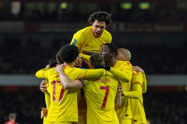 LONDON, ENGLAND - Thursday, January 20, 2022: Liverpool's Diogo Jota (hidden) celebrates with team-mates after scoring the second goal goal during the Football League Cup Semi-Final 2nd Leg match between Arsenal FC and Liverpool FC at the Emirates Stadium. Liverpool won 2-0, 2-0 on aggregate. (Pic by David Rawcliffe/Propaganda)