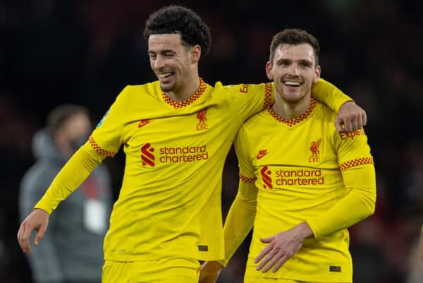 LONDON, ENGLAND - Thursday, January 20, 2022: Liverpool's Curtis Jones (L) celebrates with team-mate Andy Robertson after the Football League Cup Semi-Final 2nd Leg match between Arsenal FC and Liverpool FC at the Emirates Stadium. Liverpool won 2-0, 2-0 on aggregate. (Pic by David Rawcliffe/Propaganda)LONDON, ENGLAND - Thursday, January 20, 2022: Liverpool's Curtis Jones (L) celebrates with team-mate Andy Robertson after the Football League Cup Semi-Final 2nd Leg match between Arsenal FC and Liverpool FC at the Emirates Stadium. Liverpool won 2-0, 2-0 on aggregate. (Pic by David Rawcliffe/Propaganda)