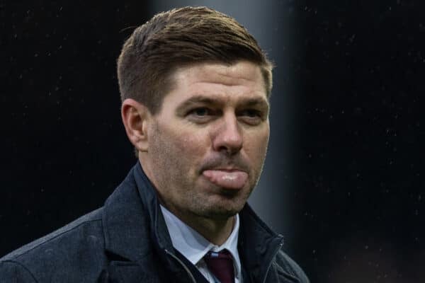 LIVERPOOL, ENGLAND - Saturday, January 22, 2022: Aston Villa's manager Steven Gerrard sticks his tong out as he walks back to the dressing room after the FA Premier League match between Everton FC and Aston Villa FC at Goodison Park. Aston Villa won 1-0. (Pic by David Rawcliffe/Propaganda)