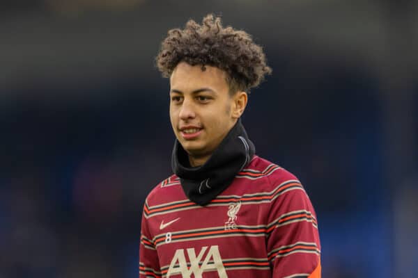 LONDON, ENGLAND - Sunday, January 23, 2022: Liverpool's Kaide Gordon during the pre-match warm-up before the FA Premier League match between Crystal Palace FC and Liverpool FC at Selhurst Park. Liverpool won 3-1. (Pic by David Rawcliffe/Propaganda)