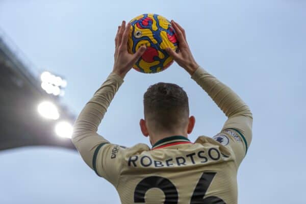 LONDON, ENGLAND - Sunday, January 23, 2022: Liverpool's Andy Robertson takes a throw-in during the FA Premier League match between Crystal Palace FC and Liverpool FC at Selhurst Park. Liverpool won 3-1. (Pic by David Rawcliffe/Propaganda)