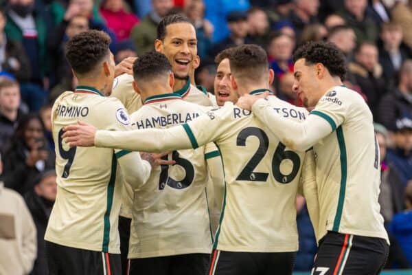 LONDON, ENGLAND - Sunday, January 23, 2022: Liverpool's Virgil van Dijk (C) celebrates with team-mates after scoring the first goal during the FA Premier League match between Crystal Palace FC and Liverpool FC at Selhurst Park. Liverpool won 3-1. (Pic by David Rawcliffe/Propaganda)