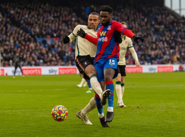 LONDON, ENGLAND - Sunday, January 23, 2022: Liverpool's Joel Matip (L) and Crystal Palace's Jeffrey Schlupp during the FA Premier League match between Crystal Palace FC and Liverpool FC at Selhurst Park. Liverpool won 3-1. (Pic by David Rawcliffe/Propaganda)