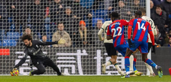 LONDON, ENGLAND - Sunday, January 23, 2022: Liverpool's goalkeeper Alisson Becker makes a save from Crystal Palace's Odsonne Édouard during the FA Premier League match between Crystal Palace FC and Liverpool FC at Selhurst Park. Liverpool won 3-1. (Pic by David Rawcliffe/Propaganda)