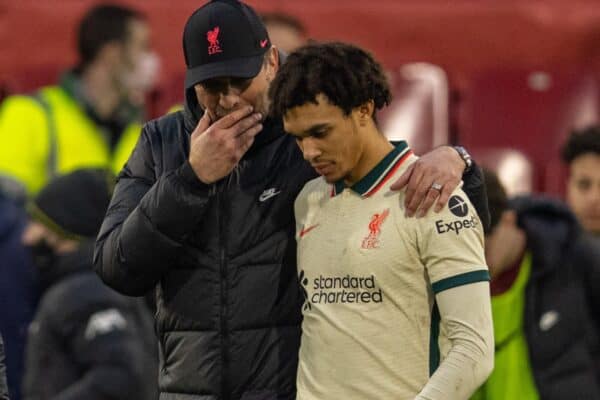 LONDON, ENGLAND - Sunday, January 23, 2022: Liverpool's manager Jürgen Klopp with Trent Alexander-Arnold after the FA Premier League match between Crystal Palace FC and Liverpool FC at Selhurst Park. Liverpool won 3-1. (Pic by David Rawcliffe/Propaganda)