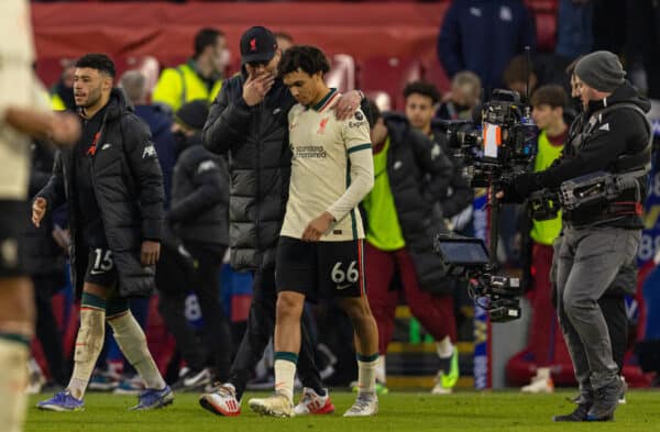 LONDON, ENGLAND - Sunday, January 23, 2022: Liverpool's manager Jürgen Klopp with Trent Alexander-Arnold after the FA Premier League match between Crystal Palace FC and Liverpool FC at Selhurst Park. Camera. Sky. Liverpool won 3-1. (Pic by David Rawcliffe/Propaganda)