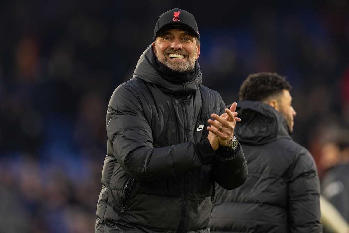 LONDON, ENGLAND - Sunday, January 23, 2022: Liverpool's manager Jürgen Klopp celebrates after the FA Premier League match between Crystal Palace FC and Liverpool FC at Selhurst Park. Liverpool won 3-1. (Pic by David Rawcliffe/Propaganda)