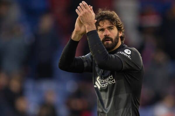 LONDON, ENGLAND - Sunday, January 23, 2022: Liverpool's goalkeeper Alisson Becker celebrates after the FA Premier League match between Crystal Palace FC and Liverpool FC at Selhurst Park. Liverpool won 3-1. (Pic by David Rawcliffe/Propaganda)