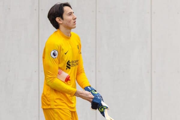 LONDON, ENGLAND - Monday, January 24, 2022: Liverpool's goalkeeper Marcelo Pitaluga and Conor Bradley walk out before the Premier League 2 Division 1 match between Crystal Palace FC Under-23's and Liverpool FC Under-23's at the Crystal Palace Academy. (Pic by David Rawcliffe/Propaganda)