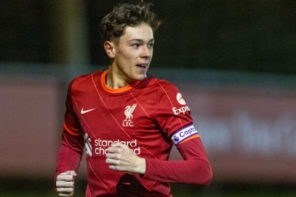 KIRKBY, ENGLAND - Saturday, January 29, 2022: Liverpool's captain Luke Chambers celebrates after scoring the first goal during the FA Youth Cup 5th Round match between Liverpool FC Under-18's and Chelsea FC Under-18's at the Liverpool Academy. Chelsea won 4-3. (Pic by David Rawcliffe/Propaganda)