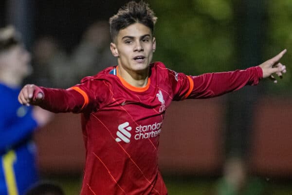 KIRKBY, ENGLAND - Saturday, January 29, 2022: Liverpool's Oakley Cannonier celebrates after scoring the third goal during the FA Youth Cup 5th Round match between Liverpool FC Under-18's and Chelsea FC Under-18's at the Liverpool Academy. Chelsea won 4-3. (Pic by David Rawcliffe/Propaganda)