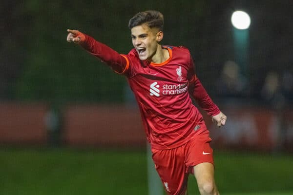 KIRKBY, ENGLAND - Saturday, January 29, 2022: Liverpool's Oakley Cannonier celebrates after scoring the third goal during the FA Youth Cup 5th Round match between Liverpool FC Under-18's and Chelsea FC Under-18's at the Liverpool Academy. Chelsea won 4-3. (Pic by David Rawcliffe/Propaganda)