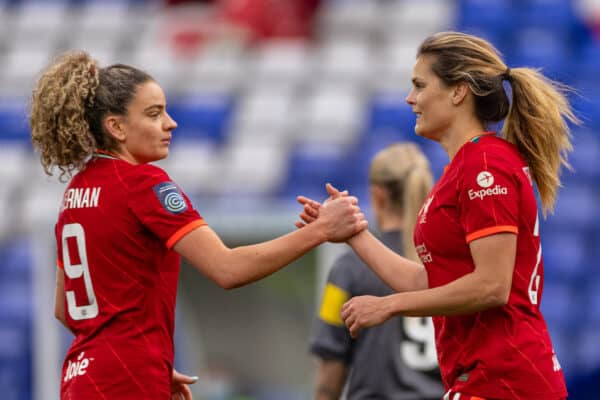 BIRKENHEAD, ENGLAND - Sunday, January 30, 2022: Liverpool's Liverpool's Katie Stengel (R) celebrates with team-mate Leanne Kiernan after the third goal during the Women’s FA Cup 4th Round match between Liverpool FC Women and Lincoln City Women FC at Prenton Park. Liverpool won 6-0. (Pic by David Rawcliffe/Propaganda)