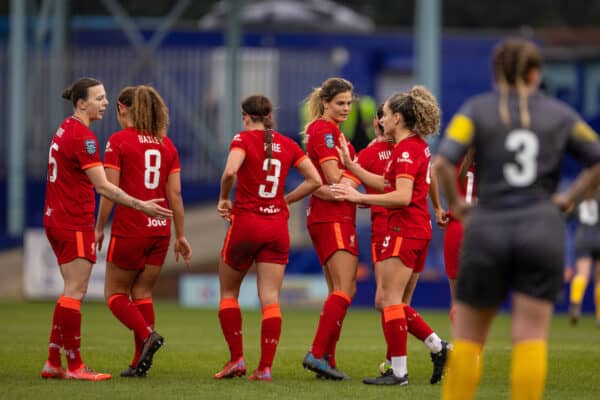 BIRKENHEAD, ENGLAND - Sunday, January 30, 2022: Liverpool's Liverpool's Katie Stengel (C) celebrates with team-mates after the third goal during the Women’s FA Cup 4th Round match between Liverpool FC Women and Lincoln City Women FC at Prenton Park. Liverpool won 6-0. (Pic by David Rawcliffe/Propaganda)