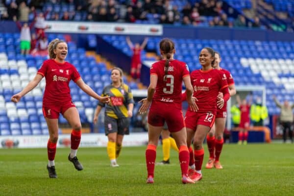 BIRKENHEAD, ENGLAND - Sunday, January 30, 2022: Liverpool's Leighanne Robe (#3) celebrates after scoring the fifth goal from a penalty kick, completing her hat-trick, during the Women’s FA Cup 4th Round match between Liverpool FC Women and Lincoln City Women FC at Prenton Park. Liverpool won 6-0. (Pic by David Rawcliffe/Propaganda)