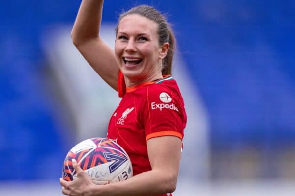 BIRKENHEAD, ENGLAND - Sunday, January 30, 2022: Liverpool's hat-trick hero Leighanne Robe with the match ball after the Women’s FA Cup 4th Round match between Liverpool FC Women and Lincoln City Women FC at Prenton Park. Liverpool won 6-0. (Pic by David Rawcliffe/Propaganda)