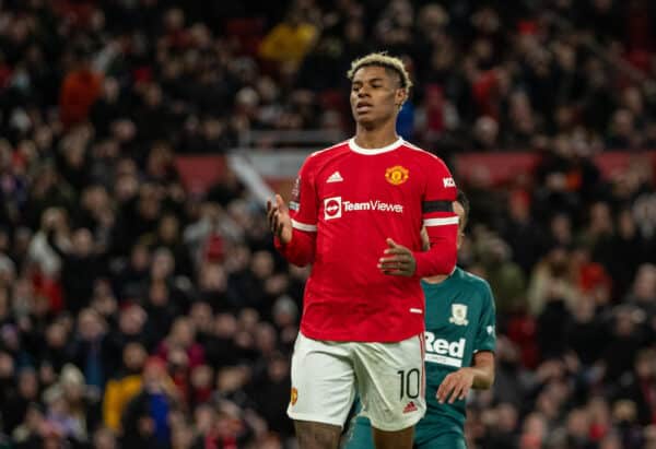 MANCHESTER, ENGLAND - Friday, February 4, 2022: Manchester United's Marcus Rashford looks dejected after missing a chance during the FA Cup 4th Round match between Manchester United FC and Middlesbrough FC at Old Trafford. The game ended 1-1 after extra-time. Middlesbrough won 8-7 on penalties. (Pic by David Rawcliffe/Propaganda)