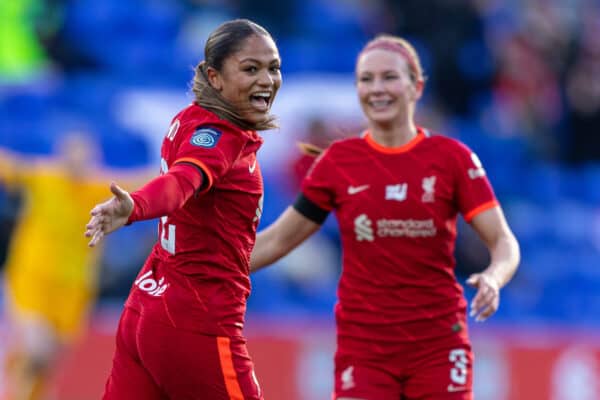 BIRKENHEAD, ENGLAND - Sunday, February 6, 2022: Liverpool's Taylor Hinds celebrates after scoring the first goal during the FA Women’s Championship Round 14 match between Liverpool FC Women and Coventry United FC Women at Prenton Park. Liverpool won 3-0. (Pic by Paul Currie/Propaganda)