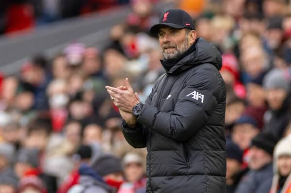 LIVERPOOL, ENGLAND - Sunday, February 6th, 2022: Liverpool's manager Jürgen Klopp during the FA Cup 4th Round match between Liverpool FC and Cardiff City FC at Anfield. Liverpool won 3-1. (Pic by David Rawcliffe/Propaganda)