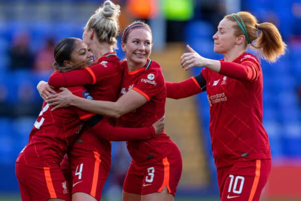 BIRKENHEAD, ENGLAND - Sunday, February 6, 2022: Liverpool's Taylor Hinds (L) celebrates with team-mates Rhiannon Roberts, Leighanne Robe and Rachel Furness after scoring the first goal during the FA Women’s Championship Round 14 match between Liverpool FC Women and Coventry United FC Women at Prenton Park. Liverpool won 3-0. (Pic by Paul Currie/Propaganda)