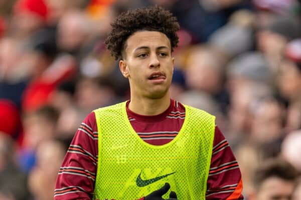 LIVERPOOL, ENGLAND - Sunday, February 6th, 2022: Liverpool's substitute Kaide Gordon warms-up during the FA Cup 4th Round match between Liverpool FC and Cardiff City FC at Anfield. Liverpool won 3-1. (Pic by David Rawcliffe/Propaganda)